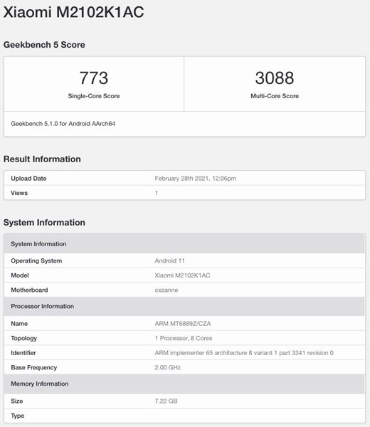 Xiaomi Mi 11 pro Geekbench