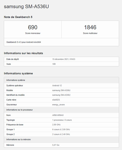 fiche Galaxy A53 geekbench