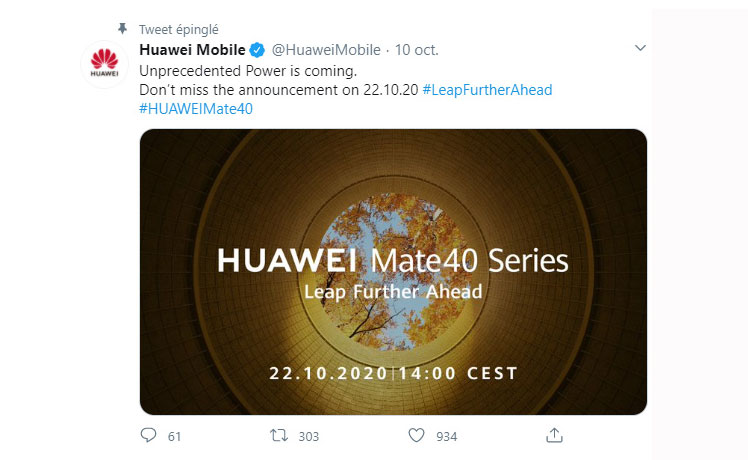 Le Huawei Mate 40 sera présenté le 22 octobre