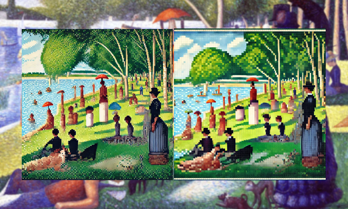 Représentation en pixel art inspirée d'Un Dimanche après-midi à l'Île de la Grande Jatte de Georges Seurat