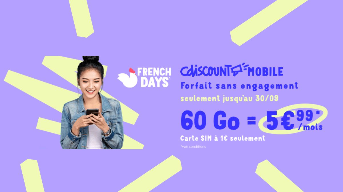 Dernier jour pour les deux super promos forfaits Cdiscount spécial French Days : 200Go de 5G à 7.99€ ou 60Go à 5.99€ avec carte SIM à 1€ !