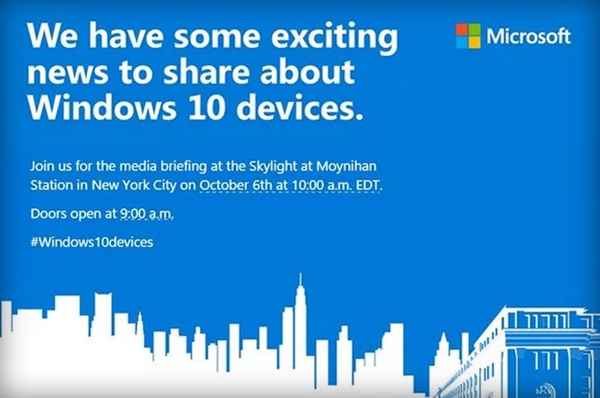 Microsoft convie la presse à New York le 6 octobre pour parler d'appareils Windows 10