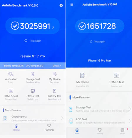 realme GT 7 Pro vs iPhone 16 Pro Max performances