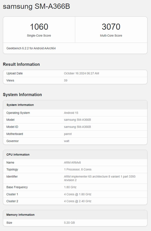 Samsung Galaxy A36 geekbench